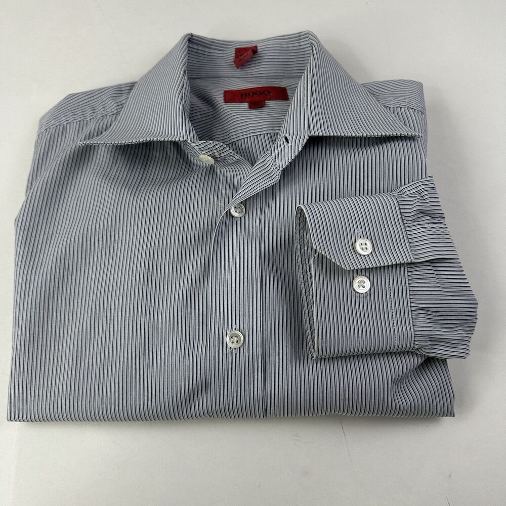 Hugo Boss Dress Shirt  Easy Iron Men's XL  White Grey Stripe Spread Classic